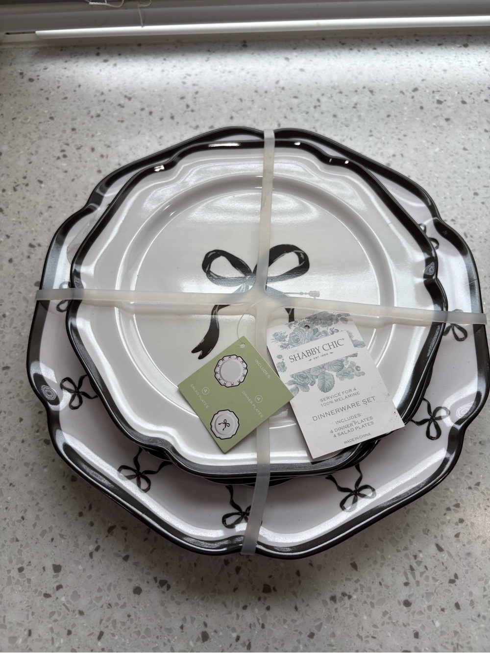 NEW Shabby Chic Black & White Bow Dinnerware Melamine Set - 8 piece